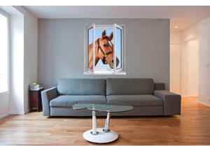 Stickers trompe l'oeil fenêtre portrait de cheval