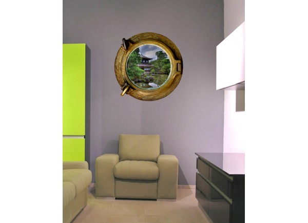 Stickers trompe l'oeil hublot Jardin zen