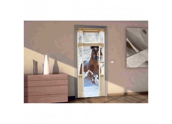 Sticker Porte Decoration Cheval Blanc : trompe l'oeil