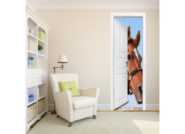 Sticker Porte Decoration Cheval Blanc : trompe l'oeil