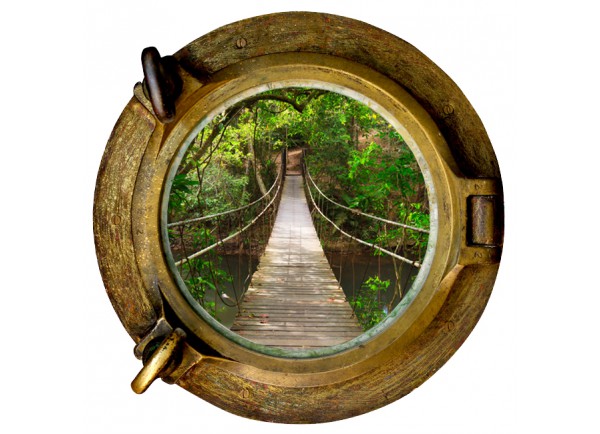 Stickers trompe l'oeil hublot Pont de bois dans la jungle