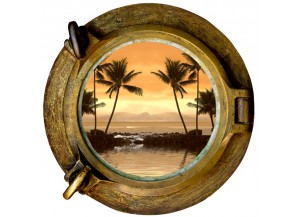 Stickers trompe l'oeil hublot Coucher de soleil