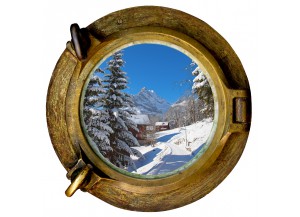 Stickers trompe l'oeil hublot La montagne sous la neige