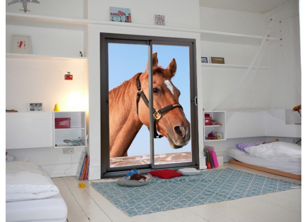 Stickers trompe l'oeil baie vitrée portrait de cheval