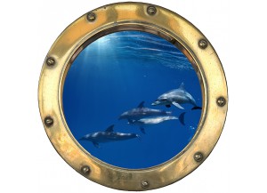 Stickers trompe l'oeil hublot banc de dauphins