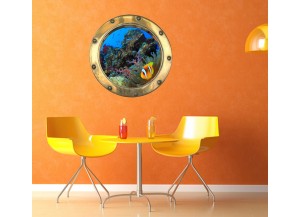 Stickers trompe l'oeil hublot poissons tropicaux