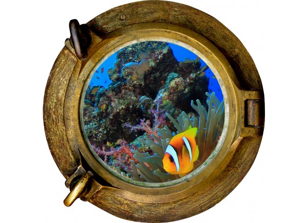 Stickers trompe l'oeil hublot poissons tropicaux