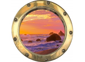 Stickers trompe l'oeil hublot mer et couche de soleil