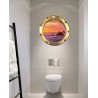 Stickers trompe l'oeil hublot mer et couché de soleil
