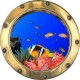 Stickers trompe l'oeil hublot poissons et corail