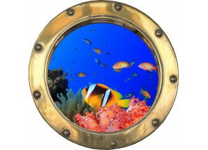 Stickers trompe l'oeil hublot poissons et corail