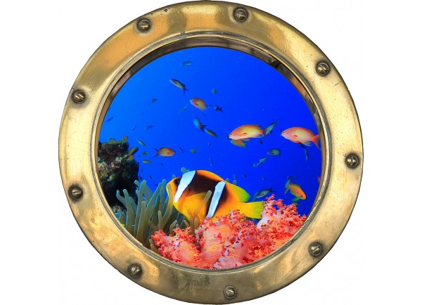 Stickers trompe l'oeil hublot poissons et corail