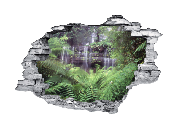 Sticker trompe l'oeil 3D mur déchiré cascade dans la jungle