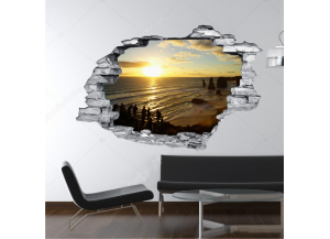 Sticker trompe l'oeil 3D mur déchiré couché de soleil ocean