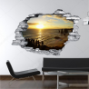 Sticker trompe l'oeil 3D mur déchiré couché de soleil ocean