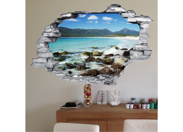 Sticker trompe l'oeil 3D mur déchiré couché de soleil ocean