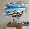 Sticker trompe l'oeil 3D mur déchiré plage et rochers