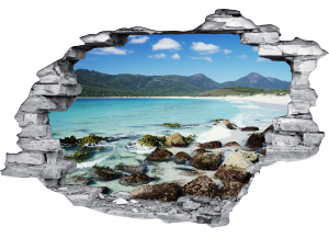 Sticker trompe l'oeil 3D mur déchiré plage et rochers
