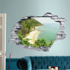 Sticker trompe l'oeil 3D mur déchiré plage et cocotiers