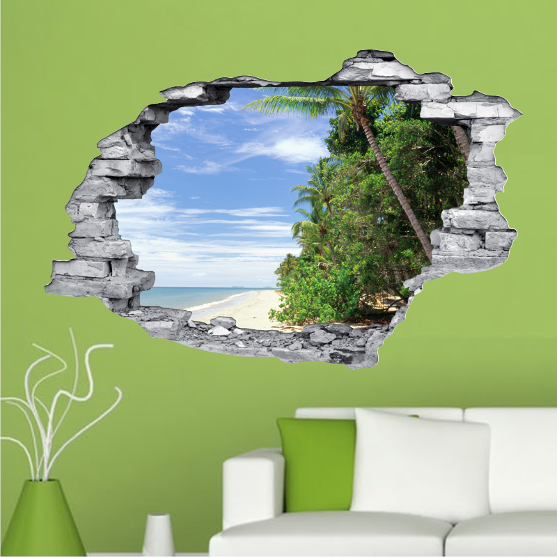 Sticker Porte 3D Effet Trompe-l’œil Hawaii – Vue Sur Mer, 85x215cm, PVC Amovible – Décoration Chambre, Salon