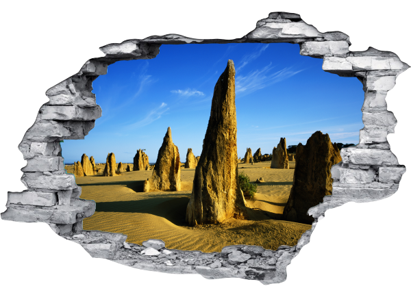 Sticker trompe l'oeil 3D mur déchiré rochers du desert