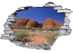 Sticker trompe l'oeil 3D mur déchiré rochers du desert aride