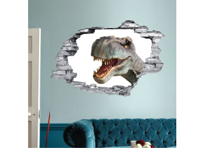 Sticker trompe l'oeil 3D mur déchiré t-rex