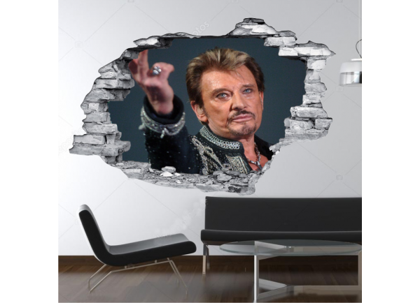 Sticker trompe l'oeil 3D mur déchiré Johnny Hallyday au revoir