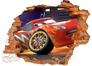 Sticker trompe l'oeil 3D mur déchiré Cars Flash Mac Queen