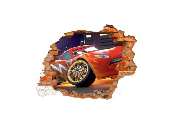 Sticker trompe l'oeil 3D mur déchiré Cars Flash Mac Queen