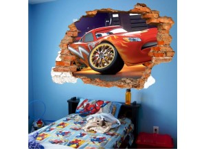 Sticker trompe l'oeil 3D mur déchiré Cars Flash Mac Queen