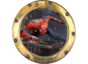 Stickers trompe l'oeil hublot doré Spiderman
