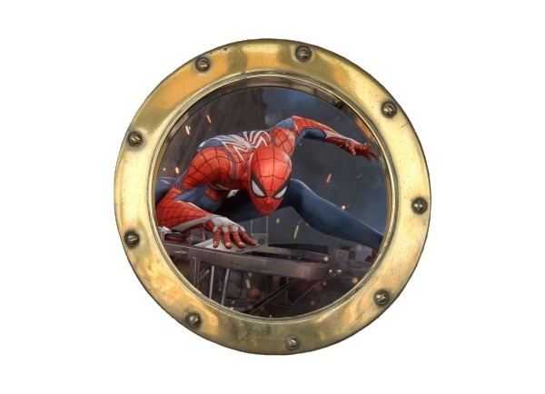 Stickers trompe l'oeil hublot doré Spiderman
