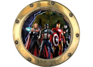 Stickers trompe l'oeil hublot doré Avengers