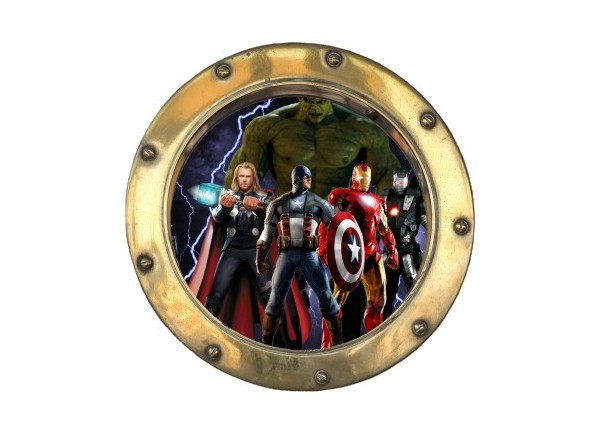 Stickers trompe l'oeil hublot doré Avengers