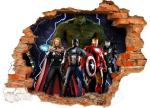 Sticker trompe l'oeil 3D mur déchiré Avengers