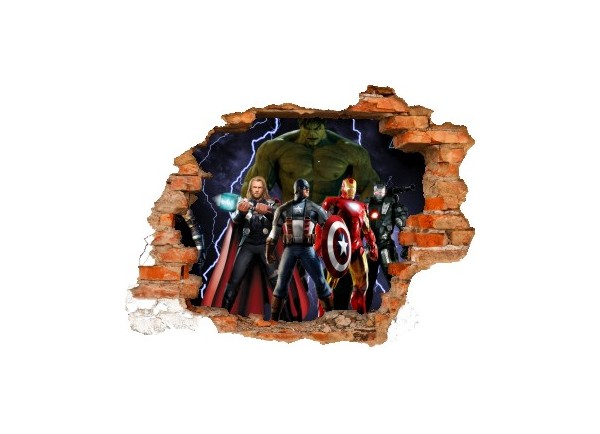 Sticker trompe l'oeil 3D mur déchiré Avengers