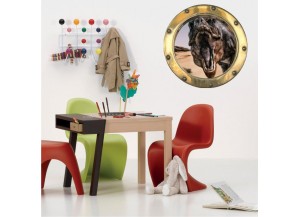 Stickers trompe l'oeil hublot doré dinosaure Tyrex