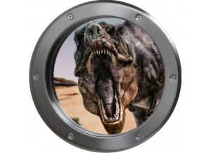 Stickers trompe l'oeil hublot argent dinosaure Tyrex