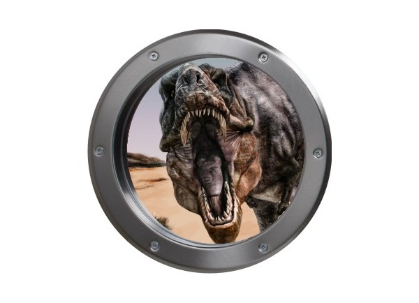 Stickers trompe l'oeil hublot argent dinosaure Tyrex