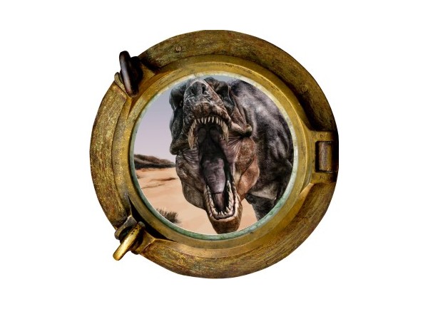 Stickers trompe l'oeil hublot bronze dinosaure Tyrex