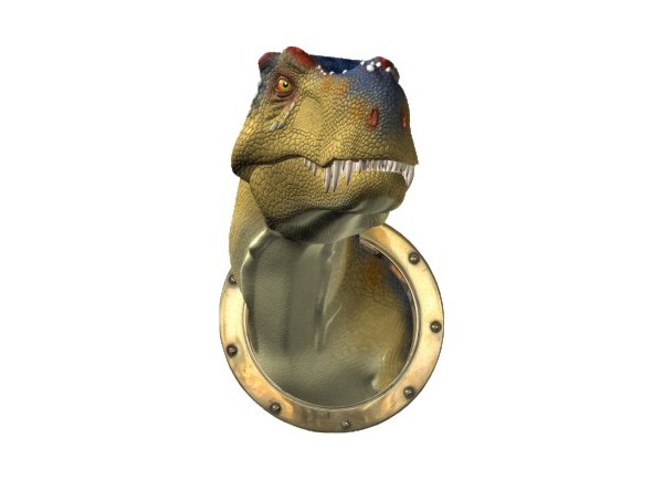 Stickers trompe l'oeil dinosaure Tyrex sortant du hublot