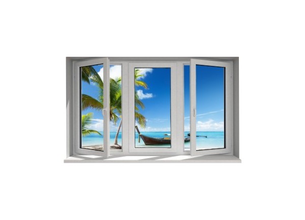 Stickers trompe l'oeil fenêtre plage cocotiers et barque