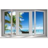 Stickers trompe l'oeil fenêtre plage cocotiers et barque