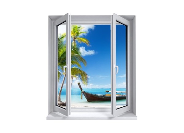 Sticker trompe l'oeil fenêtre 2 vantaux plage cocotiers et barque