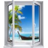 Sticker trompe l'oeil fenêtre 2 vantaux plage cocotiers et barque