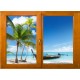 Sticker trompe l'oeil fenêtre bois plage cocotiers et barque