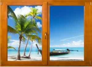 Sticker trompe l'oeil fenêtre bois plage cocotiers et barque