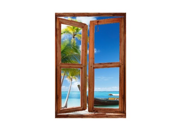 Sticker trompe l'oeil fenêtre cassée plage cocotiers et barque