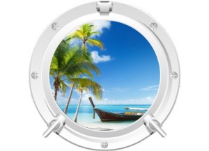 Stickers trompe l'oeil hublot blanc Plage cocotiers et barque